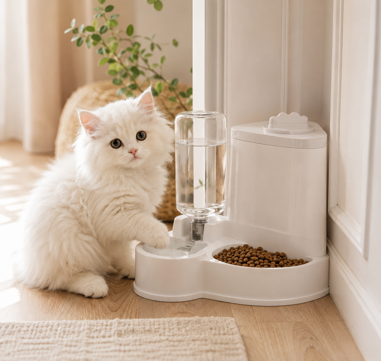 Automatischer Eck-Futter- & Wasserspender für Katzen und Hunde – Platzsparend, 2-in-1