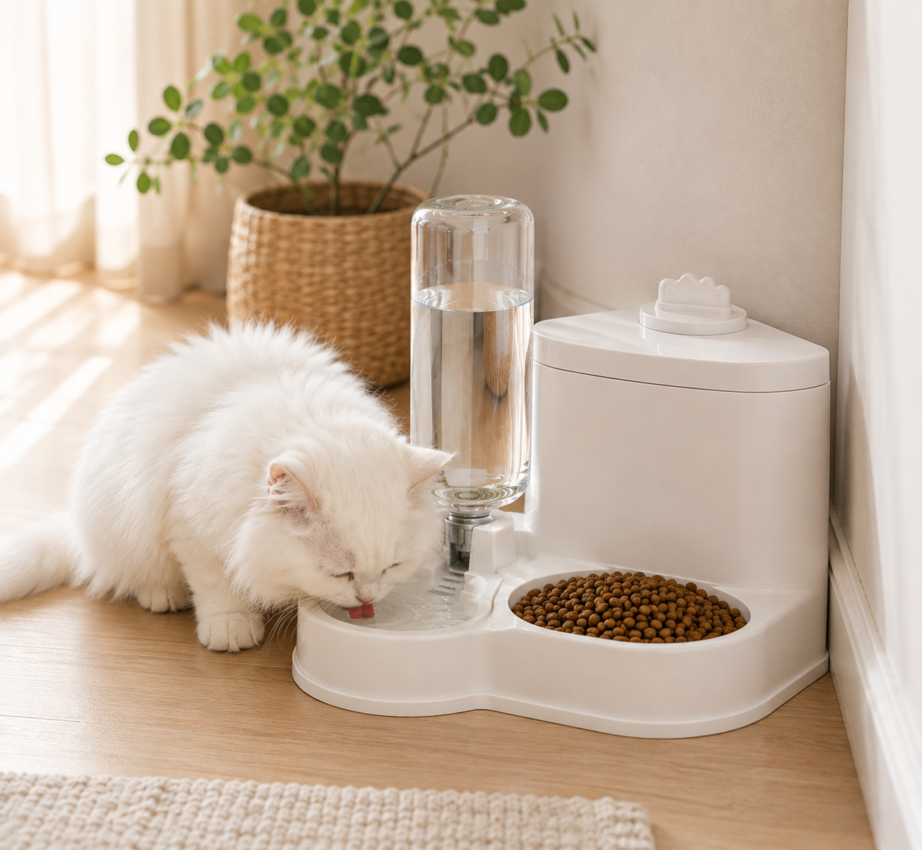 Automatischer Eck-Futter- & Wasserspender für Katzen und Hunde – Platzsparend, 2-in-1
